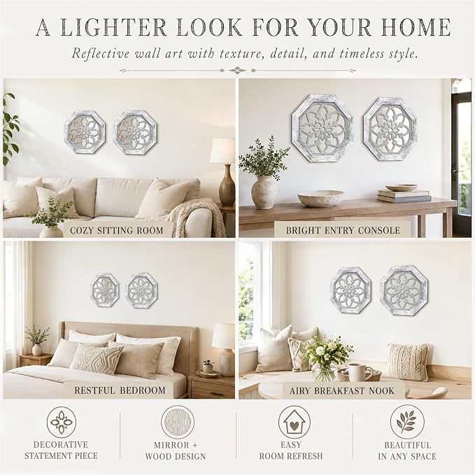 2 Pack 12 Inch Octagon Grey Rustic Wood Frame Acrylic Wall Mirrors, Farmhouse Boho Wall Art Decor for Living Room, Bedroom, Hallway, Entryway, Bathroom & Office - Image 9