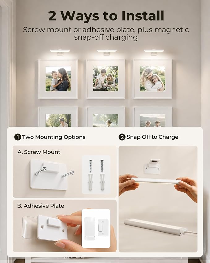 EZVALO Picture Light for Wall, Rechargeable 2400mAh Lights Wireless with IR Remote, 3 Color & Dimmable Magnetic 7.8'' LED Lights Display for Painting, Living Room, Gallery, Bedroom(White-3P) - Image 8
