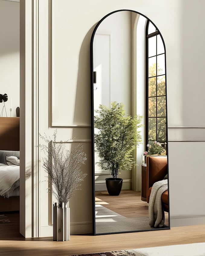 Arched Full Length Mirror, 56"x15" Standing Body Mirror for Wall, Black by TRAHOME