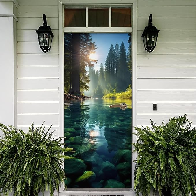 REDAMANCY Blue Green Forest River Jungle Landscape Peel and Stick Door Stickers Vinyl 3D Door Mural Decals Decor Modern Door Wallpaper Self-Adhesive, Waterproof, Removable - Image 5