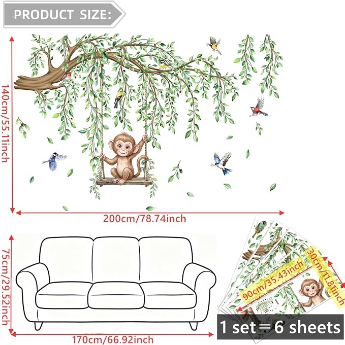 Large Tree Branch Wall Decal Green Leaf Vine Monkey DIY Home Decor Sticker - Image 4