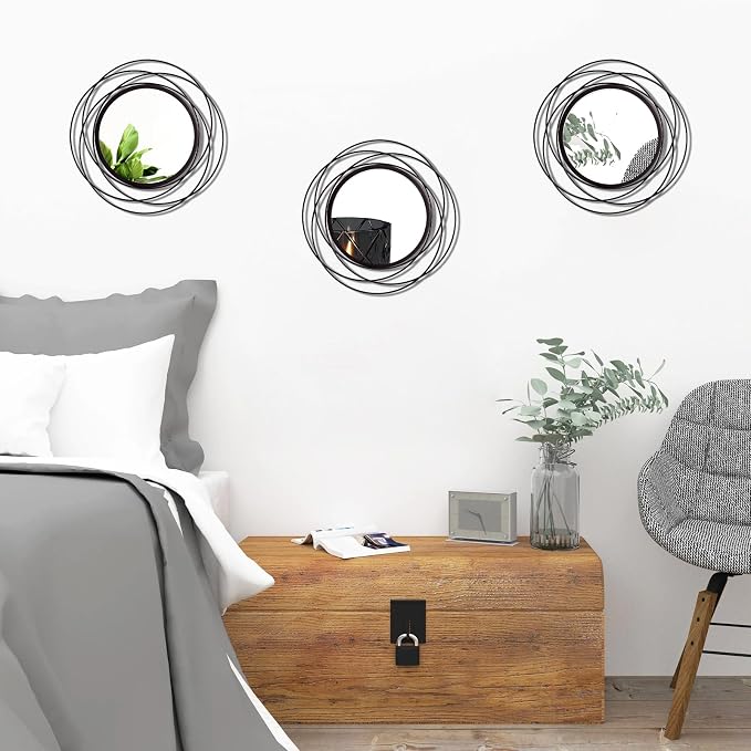 3 Set Round Mirrors for Wall Decor Living Room Bedroom Bathroom Dining Room Metal Circle Mirror Set Boho Decorative Sunburst Wall Art Accent Entryway - Black 9.5 in - Image 5