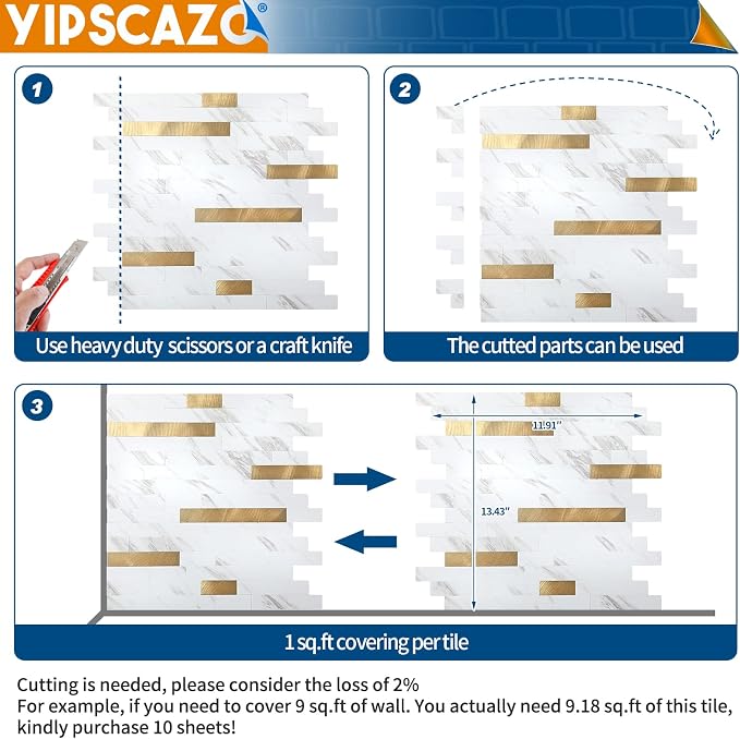 Yipscazo 2026 New Upgrade Peel and Stick Backsplash, Stick on Backsplash Tiles for Kitchen, Bathroom, Fireplace (20 Sheets, White Stone with Gold) - Image 7