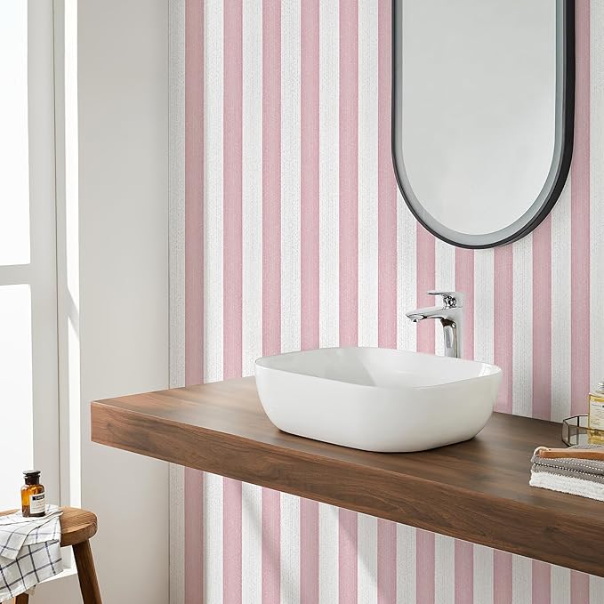 Pink Stripe Peel and Stick Wallpaper 15.7" x 1180" | Pink and White Striped Boho Self-Adhesive Contact Paper Removable Waterproof Wallpaper for Bedroom,Cabinets,Drawer Liners - Image 5