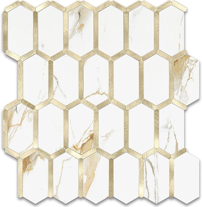 Vamos Tile Long Hexagon Peel and Stick Tile Backsplash - 10 Sheets Stick on Backsplash for Kitchen and Bathroom Calacatta Gold Mixed Metal Light Gold PVC Self Adhesive Mosaic Wall Tiles(Seamless) by VamosTile