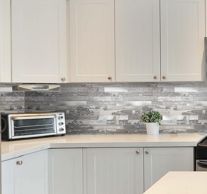 5 - Sheets Peel and Stick Wood Metal Tile Backsplash, Stick on Tiles for Backsplash Kitchen, Bathroom, Laundry Room, Camper, Fireplace (12'' X 12'', in Light Rustic) - Image 2