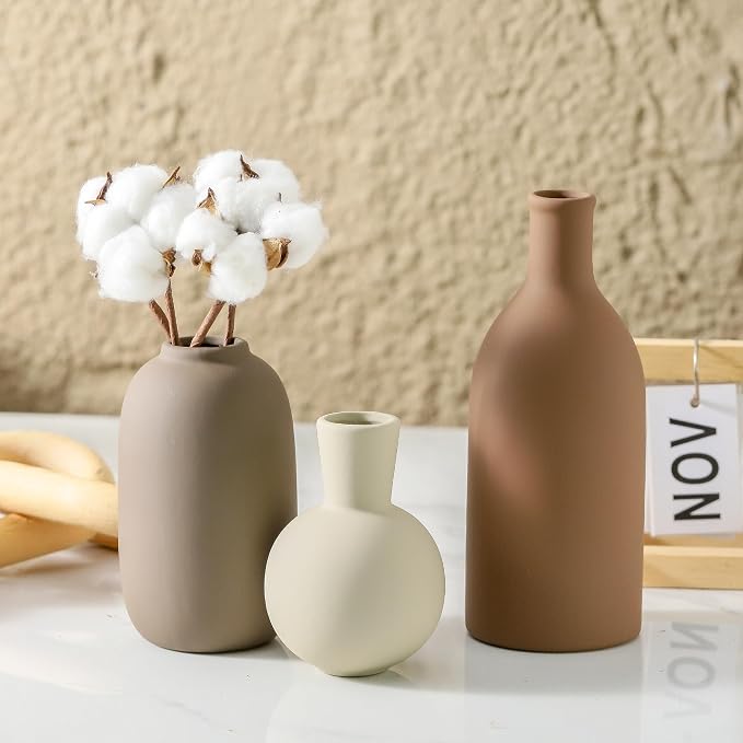 Ceramic Vases Set of 3, Modern Neutral Rustic Farmhouse Home Decor Pottery Pampas Decoration for Living Room, Table, Bathroom, Bedroom, Entryway - Brown - Image 2
