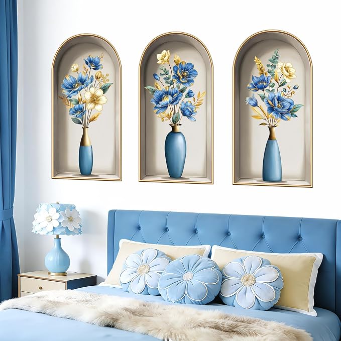 decalmile 3D Flower Vase Blue Floral Gold Leaves TV Wall Decals Stickers - Image 3