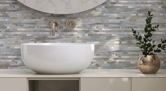 Yipscazo 20 Sheets Peel and Stick Wood Metal Tile Backsplash, Stick on Tiles for Backsplash Kitchen, Bathroom, Laundry Room, Camper, Fireplace (12'' X 12'', White Wood with Metal) - Image 4