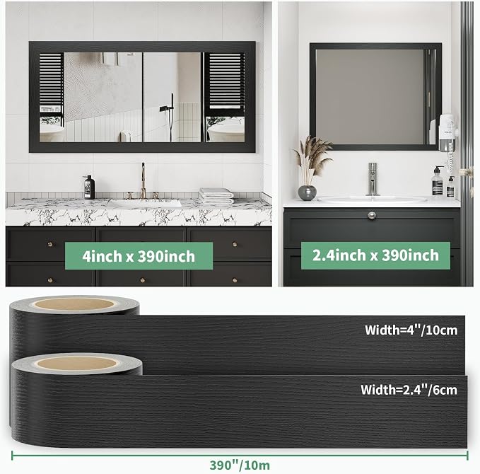 10M Peel and Stick Wallpaper Borders 390” x 2.36” Self Adhesive Mirror Frame Border Wood Grain DIY for Kitchen Bathroom Mirror Removal Border Sticker Wall Decor Cover 6.4 Sq.Ft, Black Wood - Image 3