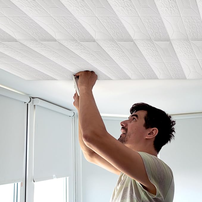 Nuanchu 20 Pcs 13.8 x 13.8 Inch Ceiling Tiles Peel and Stick, Mixed Style | Foam White 3D Wall Panels 26-105.5 Sq. ft Adhesive Glue up Waterproof Wallpaper for DIY Office Home - Image 7