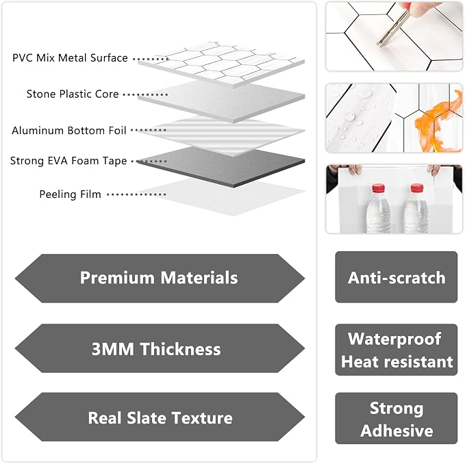 Vamos Tile Long Hexagon Peel and Stick Backsplash Tile - 10 Sheets Stick on Backsplash for Kitchen and Bathroom 12.4 x 12 Inch Dolomite Marble Look PVC Self Adhesive Mosaic Wall Tiles - Image 3