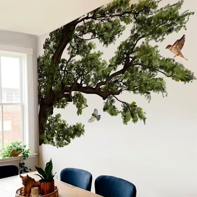 5.9 Ft x 4.0 Ft Dark Oak Tree Wall Decals, Oversized for Teen Room | Realistic Oil-Painted Oak Tree Peel and Stick Forest Mural, Bird on Branch, Ideal for Teen Study Room, Living Room and School by astrkiz