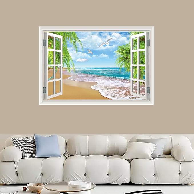 Fake Window Wall Murals Peel and Stick - Beach View Window Wall Art Decal Poster for Living Room - Window Posters for Wall Office - Removable Wall Stickers for Bedroom Decor 48" x 32" Set of 2 Sheets - Image 4