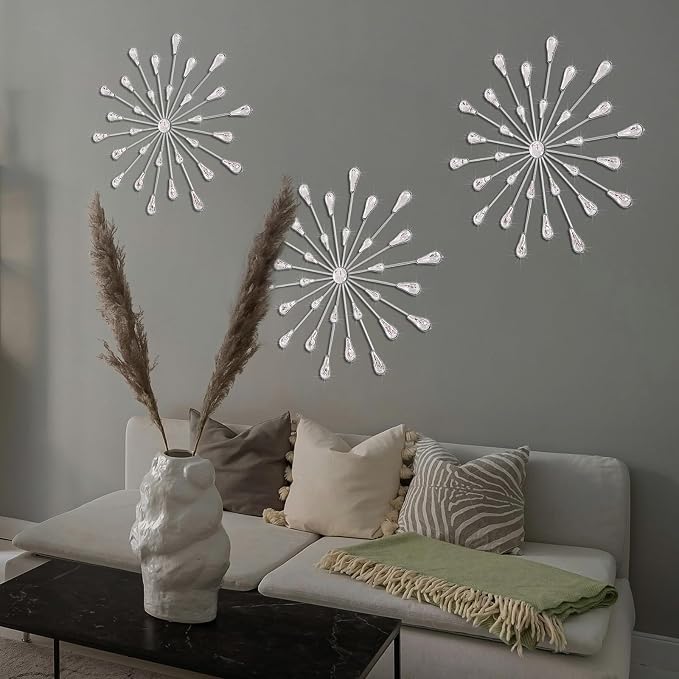 ZEXUIRU 3 Set Silver Starburst Wall Art for Home Decor Metal Bling Crystal Rhinestones Sunburst Wall Decor Sparkling Rhinestone Art Accent Silver - 13in - Image 5