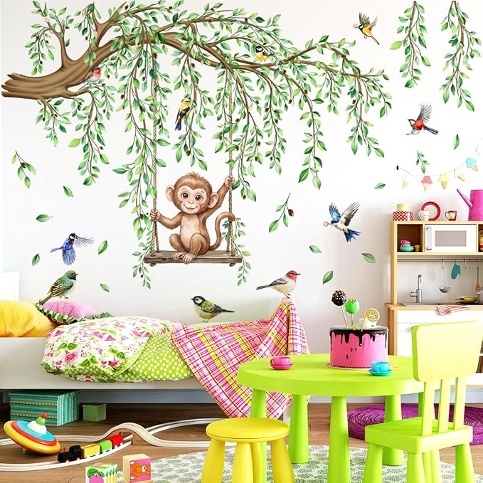 Large Tree Branch Wall Decal Green Leaf Vine Monkey DIY Home Decor Sticker - Image 8