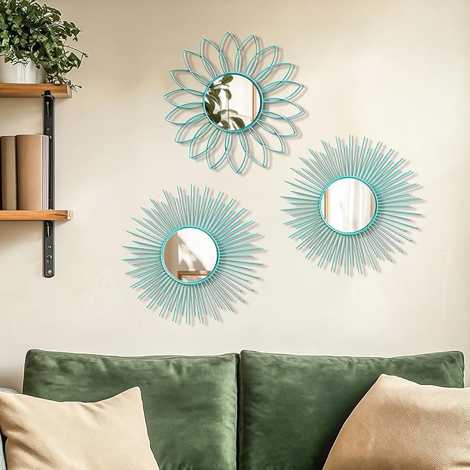 3 Pack Metal Mirrors for Wall Sunburst Wall Mirrors Home Décor Decorative Hanging Wall Art for Living Room Bedroom Entryway (Greenish Blue, Flower+Sunburst) - Image 6
