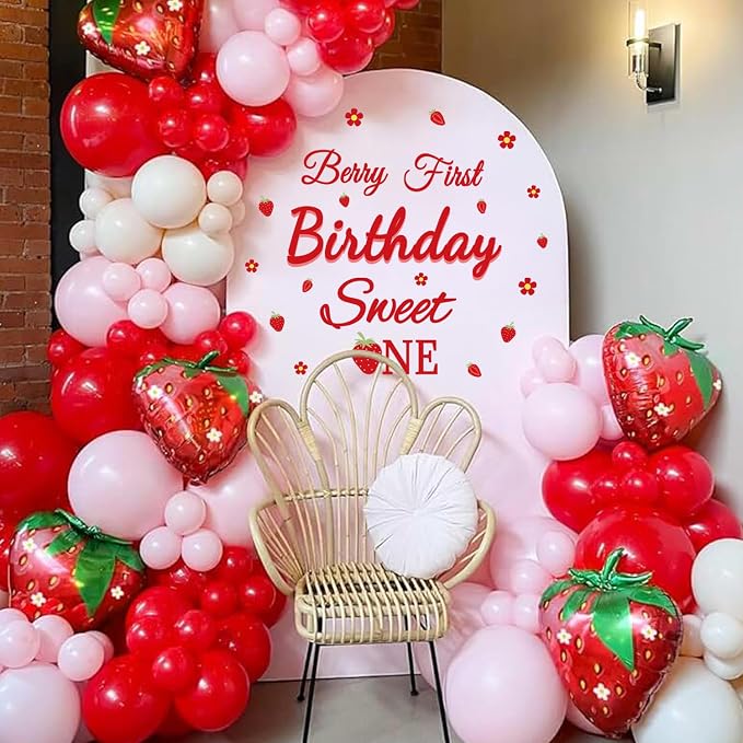 LHIUEM Berry First Birthday Sweet One Decals Baby Girl Sweet Stickers Gift 1st Strawberry Theme Decorations Red Berry Strawberry One First Happy Birthday Party Supplies for Balloon Arch Photo Backdrop - Image 6