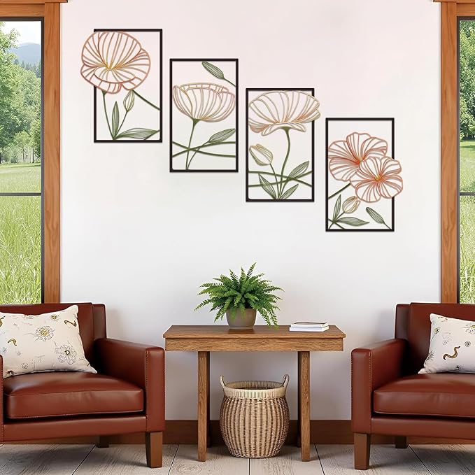 ESTART 4Pcs Metal Lotus Wall Decor Abstract Floral Line Art Sculpture | Minimalist Wall Decor for Bedroom Flowers Hanging Wall Sculpture for Living Room Kitchen Office and Yoga Room(Colourful) - Image 4