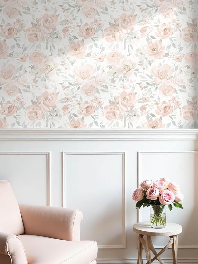 Ismoon Pink Floral Peel Stick Wallpaper Boho Watercolor Stick on Wall Paper | 17.3x196in Watercolor Contact Paper for Cabinet Removable Self Adhesive Vinyl Wallpaper for Girl Bedroom Accent Wall Decor - Image 3