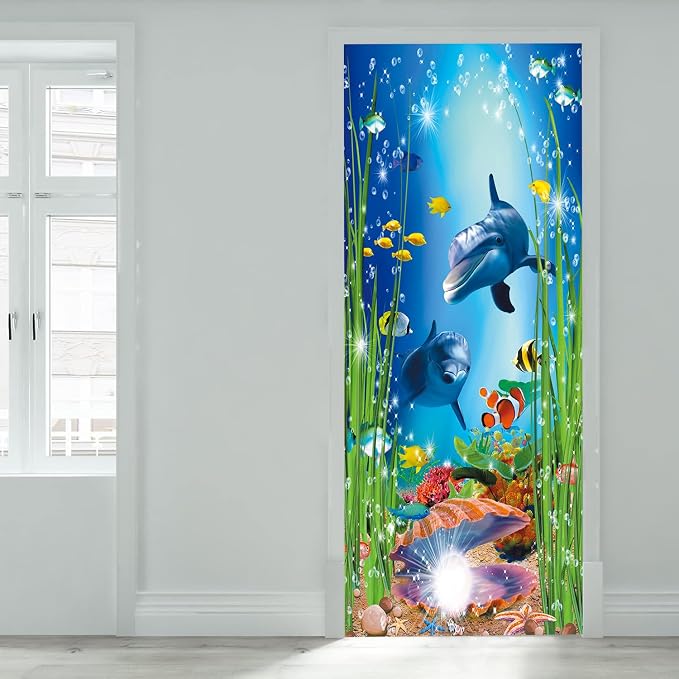 artfanke 3D Peel and Stick Door Sticker 30.3"x78.7"- Self-Adhesive Door Wallpaper Murals Decal-Dolphin Shell Undersea World Wall Poster for Home Decor (2 Sheets/Set) by artfanke