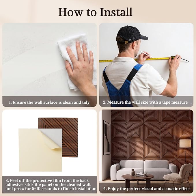 Acoustic Wall Panels, 6 Piece 23.62"X 23.62" PVC Peel and Stick Wall Panels | High-Density Polyester Fiber Self Adhesive Soundproofing for Interior Wall Décor, Recording Studios, Walnut - Image 9