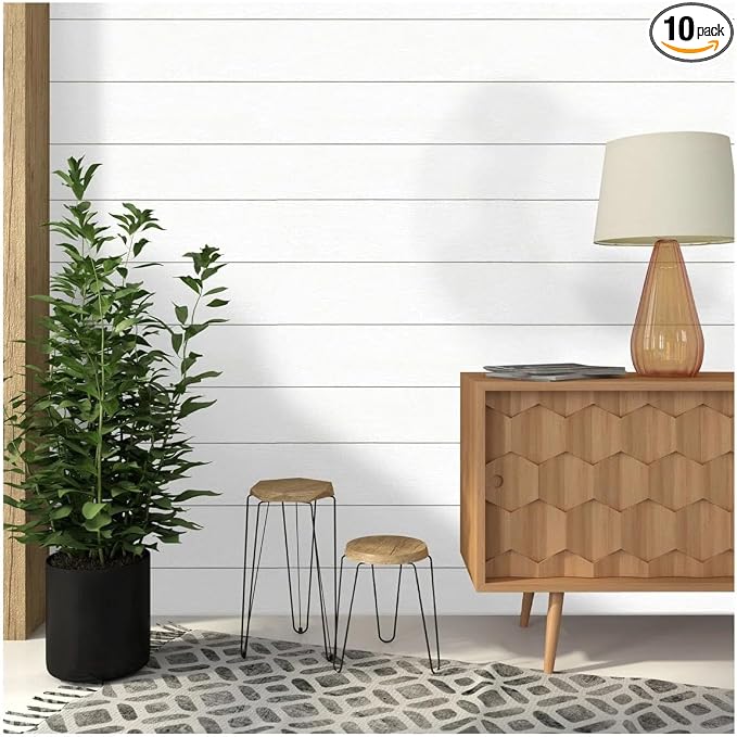 Real Wood Wall Planks-5" White Shiplap Panel Peel and Stick 10Pack 12.5SqFt | 5in wide solid wood shiplap planks-easy DIY wall shiplap panels Perfect for accent wall,backsplash,bedroom, living room by Luxdecor