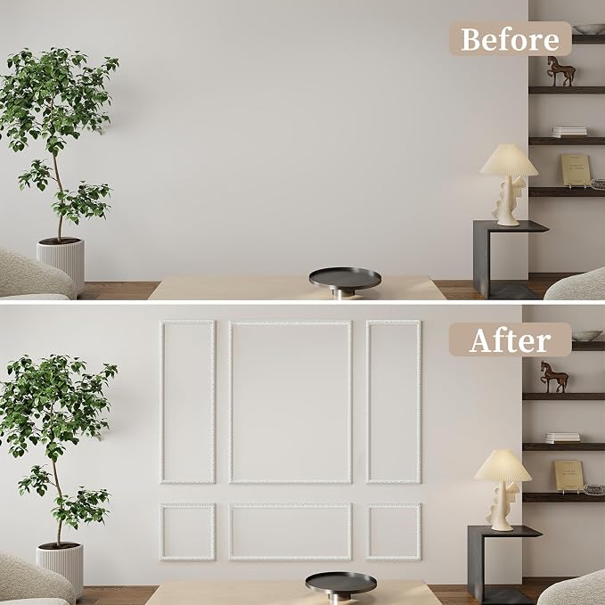 JBER Peel and Stick Wall Molding Kit, 6 Pre-Cut Wainscoting Panels, White | Ready-to-assemble pre-cut molding, 3D wall trim for interior wall décor, living room & bedroom, 3 top 3 bottom - Image 4