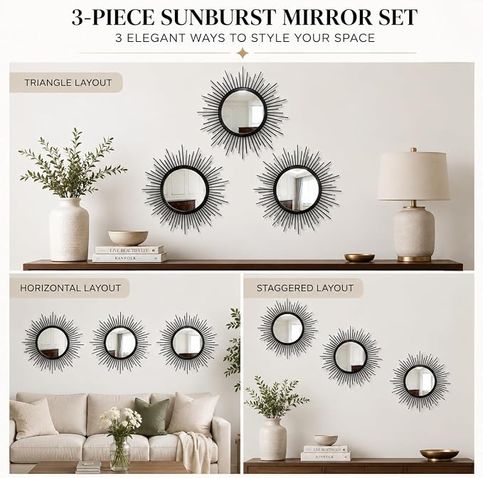 Black Sunburst Mirror Set of 3, 3PCS Metal Round Decorative Wall Mirrors, Starburst Accent Mirror Wall Decor for Living Room, Entryway, Bedroom & Hallway - Image 6