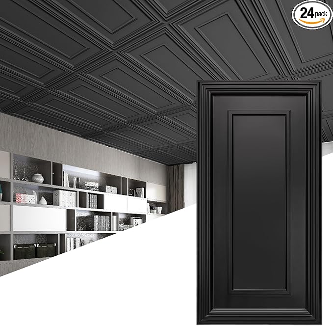 Art3d PVC Ceiling Tiles, 3D Plastic Sheet in Black, 2 × 4 ft, 24-Pack | Lightweight, Waterproof, No Sag and Breakage, Compatible with Grid System, Perfect for Basement, Kitchen by Art3d