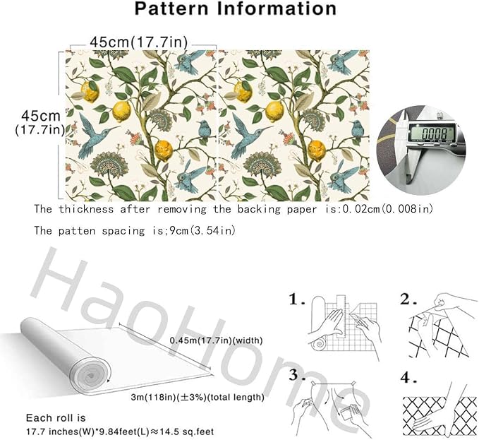 Blue Bird Self Adhesive Wallpaper Fresh Lemon Tree Peel and Stick Wallpaper Removable Waterproof Prepasted Contact Paper Wall Mural 17.7in x 9.8ft (Pack of 2) - Image 6