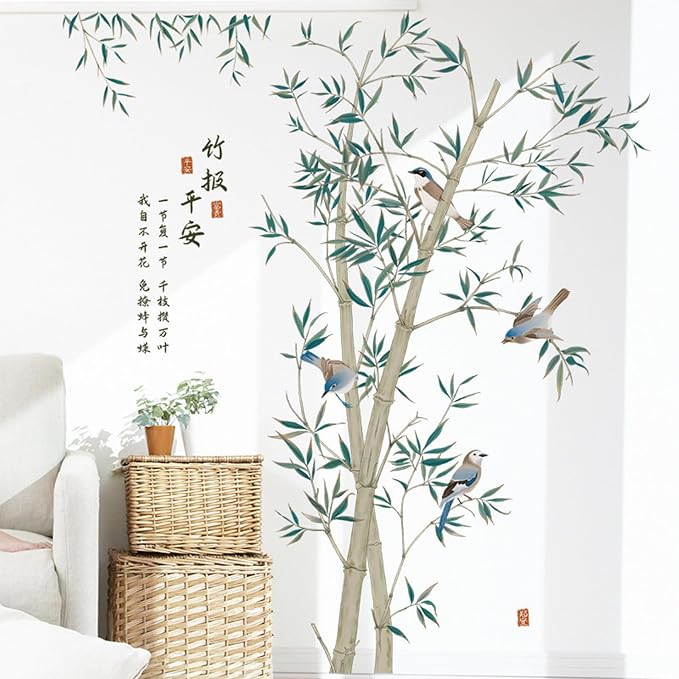 Large Ink Bamboo Wall Stickers, Removable DIY Green Plants Birds Murals Bamboo Decal Peel and Stick Wall Decal 3D Wall Art Stickers Home Decor for Gilrs Bedroom Nursery Rooms Living Room - Image 5