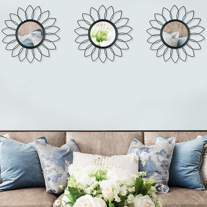 3 Pack Metal Mirrors for Wall Sunburst Wall Mirrors Home Décor Decorative Hanging Wall Art for Living Room Bedroom Entryway (Black, Flowers) - Image 4