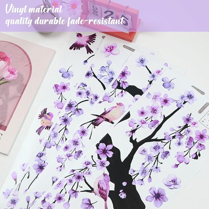 Lilac Purple Wall Decor 4 Sheets Large Cherry Blossom Tree Wall Stickers | Spring Purple Flower Bird Wall Decals Peel and Stick Wall Murals Decor for Living Room Bedroom (Purple, 11.8 * 35.4inch) - Image 3