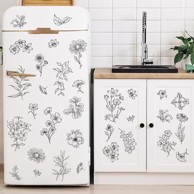 Black Flower Wall Decals Murals - 9 Sheets 67 Pcs Wildflower Botanical Plants Wall Stickers Simple Line Art Peel and Stick Vinyl Sticker for Living Room Bedroom Sofa TV Backdrop Decor - Image 4