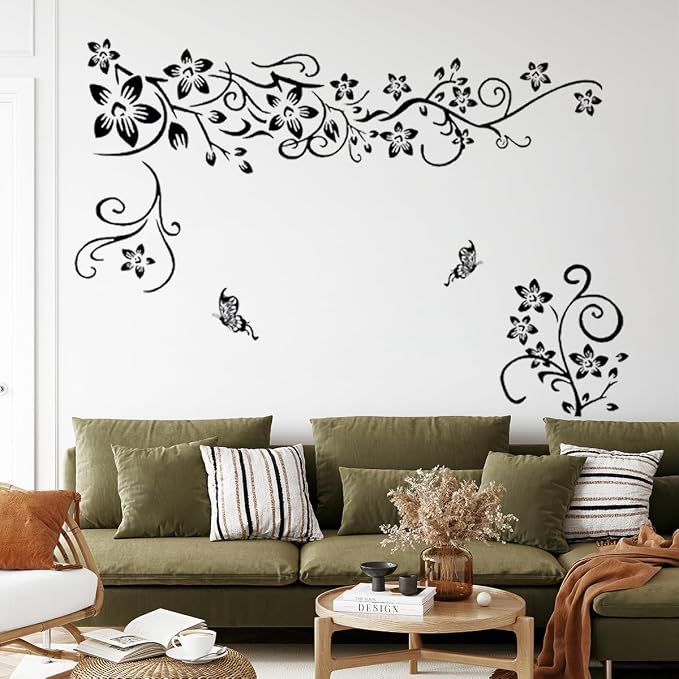 Joyartu Flowers Vine Decals Black Flowers Butterfly Wall Stickers, Diagonal Floral Decals for Living Room TV Background, DIY Home Decor - Image 3