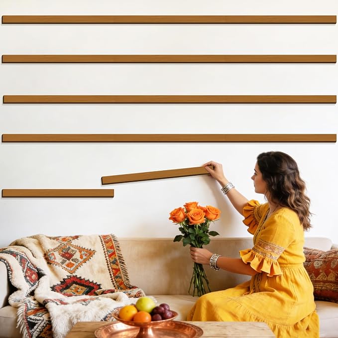 Rustic Wooden Wall Art Decor Striped Decoration Geometric Line Wall Sticker | Wood strips for wall, mid century modern decor, home art plaque, peel and stick, removable, for living room bedroom farmhouse - Image 9