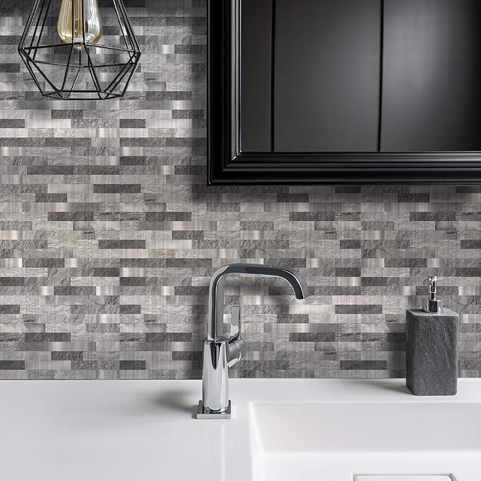 25 Pcs Self-Adhesive Tile Transfer, Peel and Stick Tile Decal, Water-Proof Backsplash Wall Tile Sticker for Kitchen Bathroom Decor, Gray Brick Metal Marble, 8x8inch by Alwayspon