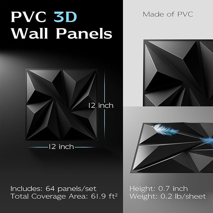 64-Pack Black 3D Wall Panels, 94" x 94" | Textured Geometric Design, PVC Material, For Living Room, Bedroom, Bathroom, Office, Easy Install & Paintable - Image 2
