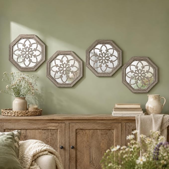 4 Pack 12 Inch Octagon Brown Rustic Wood Frame Acrylic Wall Mirrors, Farmhouse Boho Wall Art Decor for Living Room, Bedroom, Hallway, Entryway, Bathroom & Office - Image 2
