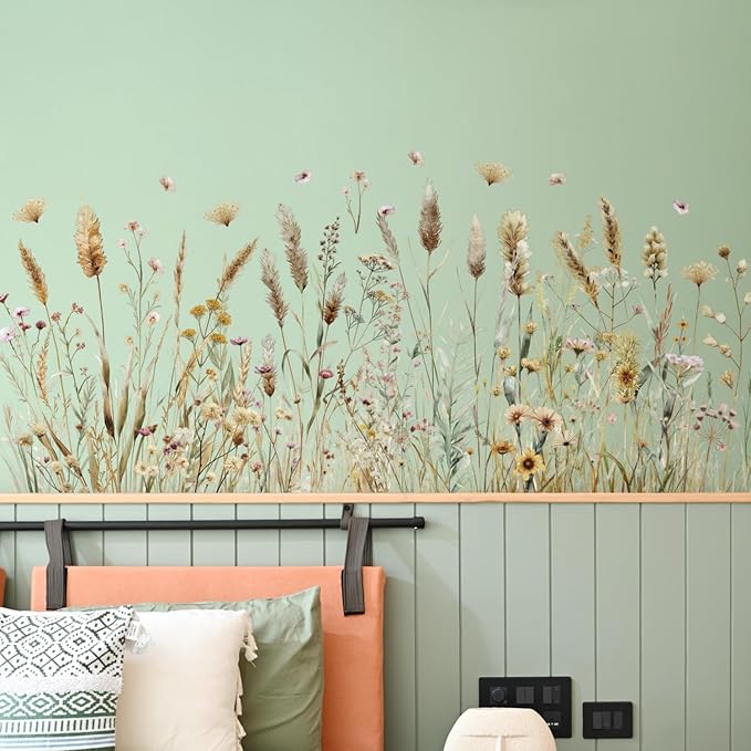 2 Pack Floral Baseboard Wall Stickers - Removable Peel & Stick Decals (3 Styles: Reeds, Flowers, Dandelions) - DIY Home Decor for Kids Girls Walls, Nursery, Classroom Wall Corner (Reeds) by DRWSSR