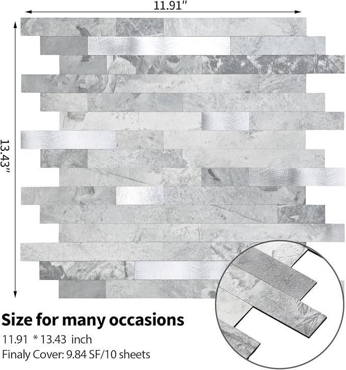 Yipscazo 1 Sheet Peel and Stick Stone Metal Tile Backsplash, Stick on Tiles for Backsplash Kitchen, Bathroom, Laundry Room, Camper, Fireplace (12'' X 12'', Gray Stone with Metal) - Image 6
