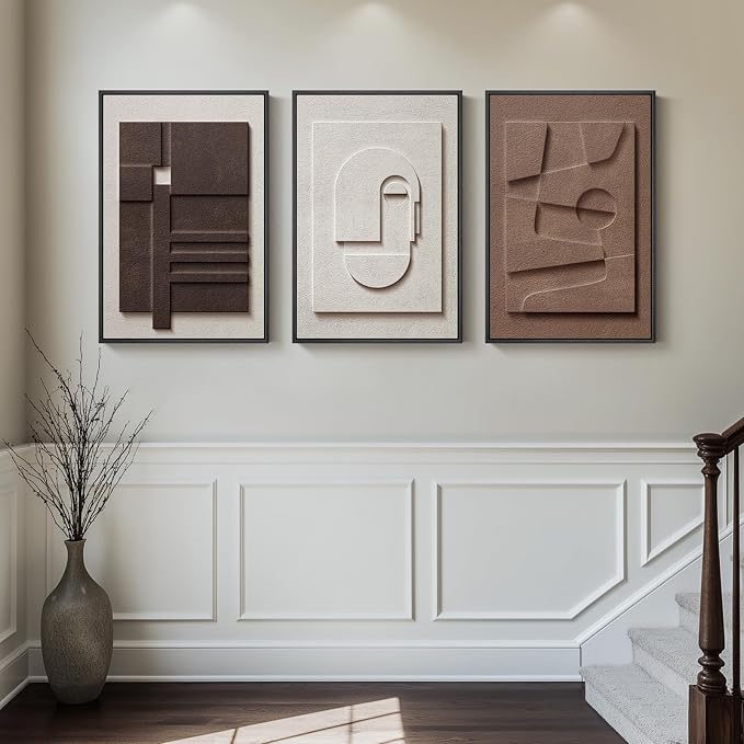 Large 3D Textured Framed Neutral Abstract Wall Art Set, 3 Piece, 20x30 In | Solid wood frames, sculptural relief details, white and brown tones, ready to display in living room, bedroom and lounge - Image 3