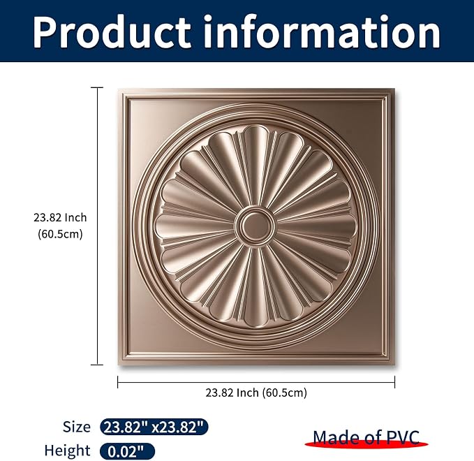 Art3dwallpanels Ceiling Tiles, 24 x 24 Inch, Rose Gold, 12 Pack | Drop Ceiling Tiles, High Grade PVC, 3D Wall Panels for Interior Wall Decor, Fire Rated, Waterproof, Light Weight - Image 3