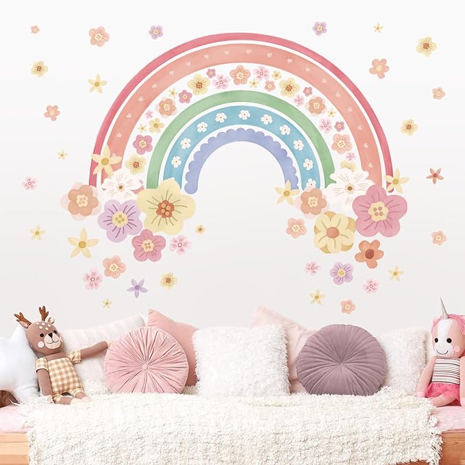 wondever Large Rainbow Wall Decals Colorful Boho Flower Wall Stickers | Peel and Stick, Removable, Wall Art Decals, Wall Decoration, Kids Room, Girls Bedroom Baby Nursery Playroom Decor by wondever