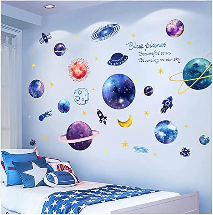 Quanhaigou Blue Purple Galaxy Wall Decals, Removable Sticker,The Art Magic 3D Milky Way Cosmic Stars Spacecraft Dreamscape Home Decor for Bedroom Living Room Floor Ceiling Kids Room by Quanhaigou