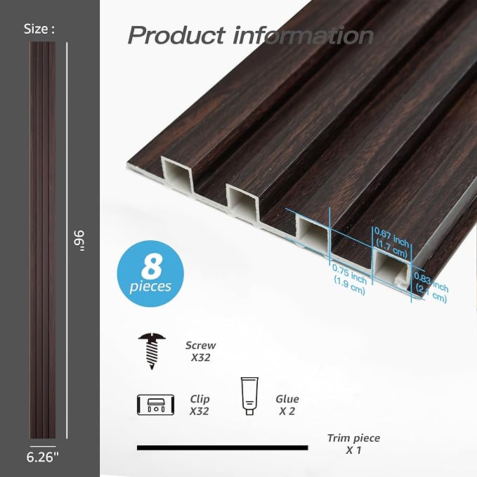 Art3d 96 x 6 Inch WPC Wood Diffuser Slat Wall Panel, 8-Pack, Black Walnut | Fluted Design, Durable, Moisture Resistant, Cleanable, Easy to Install, Eco-Friendly, for Living Room, Bedroom or Office - Image 4
