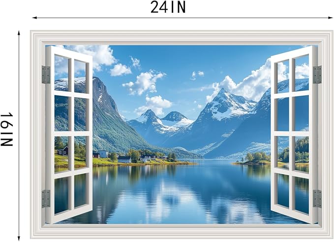 Fake Window Poster Wall Mural Sticker Mountain Lake Forest, 24" x 16" | Faux Window Wall Art, Peel and Stick, Prints Decals Decor - Image 6