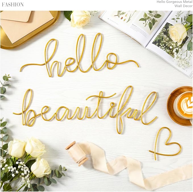 Hicarer Metal Hello Gorgeous Wall Art Minimalist Wall Decor,Gold,Beautiful | for Bedroom Bathroom Living Room Dressing Room Salon Vanity Office Home Decoration, Easy to Install - Image 3