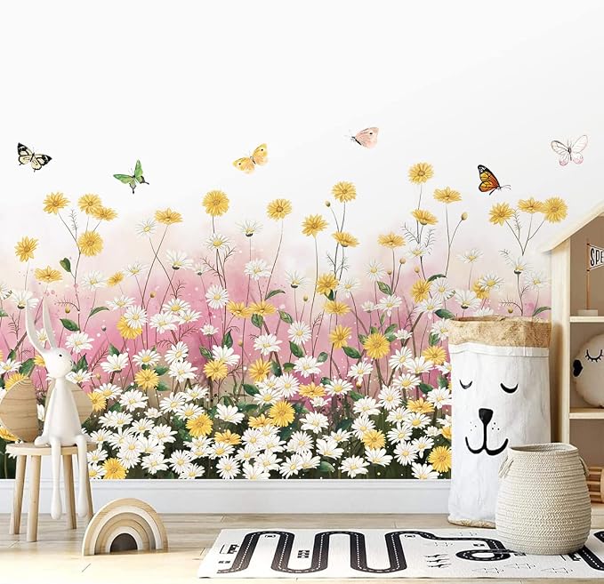 2 Sheets Yellow Daisies Flowers Wall Decals Small Fresh White Chrysanthemum Wall Stickers Pink Gypsophila Wall Art Murals for Baby Kids Girls Bedroom Living Room Corners Skirting Lines Waist Lines - Image 7